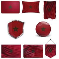 conjunto da bandeira nacional de Marrocos em desenhos diferentes em um fundo branco. ilustração vetorial realista. vetor