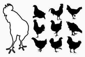 conjunto galo, galo, galo, frango, galinha, pintinho, posição em pé, silhuetas de aves desenhadas à mão, vetor isolado