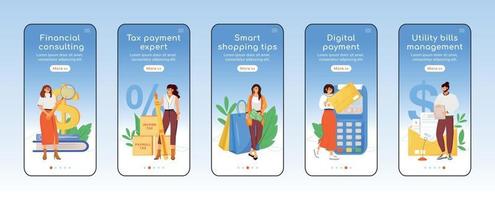 pagamento de impostos ajuda a integração do modelo de vetor plano da tela do aplicativo móvel. assistência financeira passo a passo do site com personagens. ux, ui, interface de desenho animado de smartphone gui, conjunto de estampas de capa