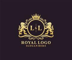 modelo de logotipo de luxo real de leão de letra inicial ll em arte vetorial para restaurante, realeza, boutique, café, hotel, heráldica, joias, moda e outras ilustrações vetoriais. vetor