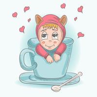 engraçado pequeno homem chibi, sentado dentro uma chá xícara, contorno vetor cor ilustração