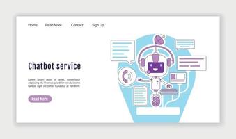 modelo de vetor de silhueta plana de página de aterrissagem de serviço chatbot. layout da página inicial do assistente pessoal. interface de site de uma página de comunicação virtual com personagem de desenho animado. banner da web, página da web