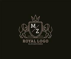 modelo de logotipo de luxo real de leão de letra mz inicial em arte vetorial para restaurante, realeza, boutique, café, hotel, heráldica, joias, moda e outras ilustrações vetoriais. vetor