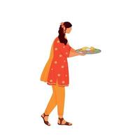 índio feminino vestindo sari cor plana vetor personagem sem rosto. mulher com roupas tradicionais, garota carregando thali com comida indiana isolada ilustração dos desenhos animados para design gráfico da web e animação