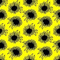 padrão sem emenda com girassóis pretos flor linha arte na ilustração de fundo amarelo de um girassol. elementos decorativos de girassol em flor desenhados à mão em vetor