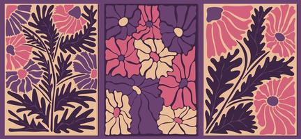 conjunto do abstrato floral retro cartazes. na moda mão desenhado flores infantil estilo vetor