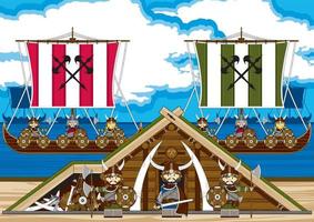 desenho animado viking guerreiros em a de praia com escaleres norueguês história ilustração vetor