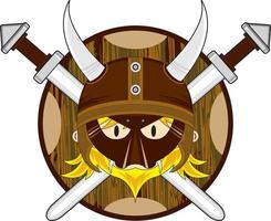 fofa desenho animado viking Guerreiro com escudo e espadas norueguês história ilustração vetor