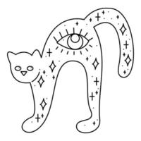 silhueta do uma fofa esotérico gato com a vendo tudo olho e estrelas. rabisco vetor ilustração, clipart.