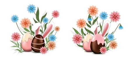 chocolate ovos, Páscoa Coelho escondido dentro flores Páscoa Projeto elementos para cumprimento cartões, impressões, bandeiras, etc. vetor