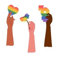 pessoas de pele diferente segurando emblemas lgbtg, arco-íris, bandeira nas mãos. comunidade LGBT. gênero, diversidade, conceito de unidade. ilustração vetorial plana para pôster, cartão, banner, adesivo vetor