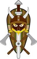 fofa desenho animado viking Guerreiro com escudo e Machado norueguês história ilustração vetor