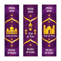 banner elegante eid al fitr roxo com ferramentas de marketing vetor