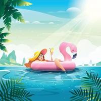 meninas aproveitam as férias de verão no floater flamingo vetor