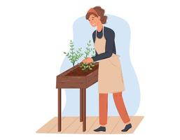 jovem mulher dentro a avental trabalhando dentro a jardim. Primavera ao ar livre Atividades, agricultura, crescendo plantas. vetor plano ilustração.