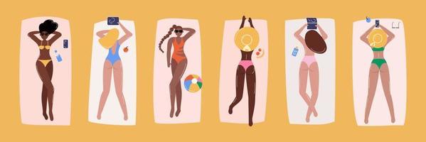 diverso mulheres banhos de sol às de praia vetor ilustração