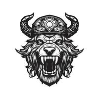 Urso vestindo viking capacete, vintage logotipo conceito Preto e branco cor, mão desenhado ilustração vetor