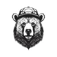 Urso vestindo chapéu, vintage logotipo conceito Preto e branco cor, mão desenhado ilustração vetor