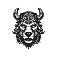 Urso vestindo viking capacete, vintage logotipo conceito Preto e branco cor, mão desenhado ilustração vetor