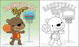 coloração livro do engraçado pequeno Urso desenho animado jogando basquetebol vetor