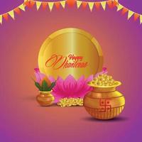 cartão de feliz celebração dhanteras com pote de moedas de ouro com kalash vetor