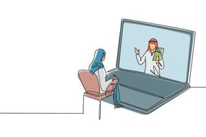 único desenho de linha hijab aluna sentada estudando olhando para a tela do laptop e dentro do laptop há um professor árabe que está ensinando. ilustração em vetor gráfico desenho contínuo