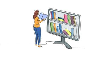 Contínua uma linha desenhando um livro de leitura da aluna em pé na frente de um grande monitor com uma estante na tela. conceito de educação móvel. ilustração gráfica de vetor de desenho de linha única