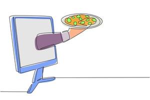 uma única linha desenhando mãos fora da tela do monitor com a bandeja aberta para servir pizza. peça comida digitalmente. conceito de serviço de entrega online. ilustração em vetor gráfico design moderno linha contínua