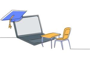 uma única linha contínua desenhando cadeiras e escrivaninhas vazias voltadas para a tela de um laptop gigante, na qual há um quadro negro e uma tampa de formatura no topo. ilustração em vetor desenho gráfico dinâmico de uma linha