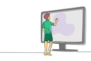 Uma linha contínua desenhando um estudante masculino do ensino médio escrevendo na tela de um monitor gigante como se estivesse escrevendo no quadro branco. conceito de aprendizagem. ilustração em vetor desenho gráfico de uma linha