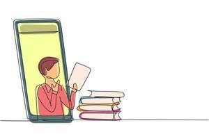 contínua uma linha de desenho que o professor está ensinando, metade de seu corpo está fora da tela do smartphone e ao lado dele está uma pilha de livros. aula de internet. ilustração gráfica de vetor de desenho de linha única