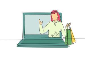 contínua uma linha desenho jovem árabe saindo da tela do laptop, segurando sacolas de compras. venda, estilo de vida digital e conceito de consumismo. ilustração gráfica de vetor de desenho de linha única