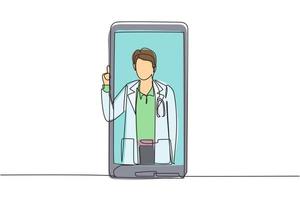 único desenho de linha contínua médico masculino sai da tela do smartphone enquanto faz o gesto de polegar para cima. conceito de médico de consulta online. ilustração em vetor desenho gráfico dinâmico de uma linha