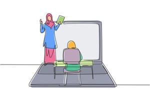 contínua uma linha de desenho de professora árabe em frente à tela do laptop, segurando o livro e ensinando hijab a alunos do sexo feminino sentados nos bancos ao redor da mesa. ilustração vetorial design único vetor