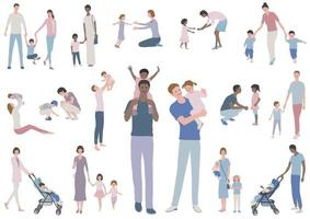 famílias felizes com crianças, conjunto de ilustração vetorial. ilustração fácil de usar isolada no fundo branco. vetor