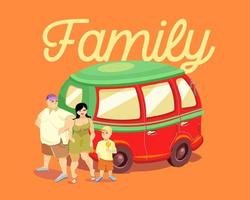 uma família com uma criança está perto de um carro vermelho. a família de inscrição. letras. ilustração vetorial vetor