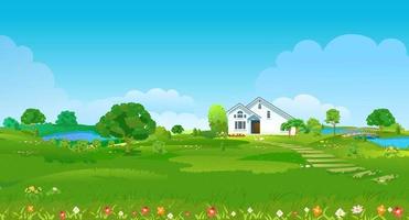 clareira de verão com uma casa branca, lagos, árvores verdes e flores. paisagem do país de verão. ilustração vetorial vetor