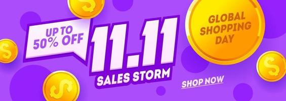 11,11 banner roxo do dia de compras, dia mundial de compras global. folheto de promoção de solteiros vetor