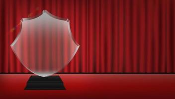 troféu de acrílico transparente 3D real com fundo de palco em cortina vermelha vetor