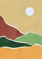 moderno abstrato minimalista panorama cartazes. colinas, Campos e Sol. pastel cores, terra tons. boho meio século imprime. vetor