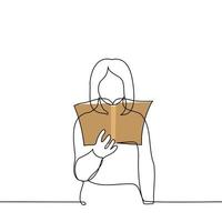 mulher em pé com aberto livro às cabeça nível - 1 linha desenhando vetor. conceito lendo uma livro, escolhendo uma livro vetor