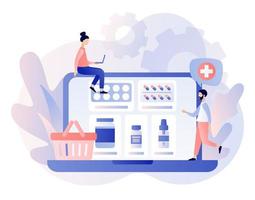 conectados farmacia loja conceito. Comprar medicamentos e drogas on-line. minúsculo pessoas farmacêuticos dentro farmácia perto remédio pílulas e garrafas. moderno plano desenho animado estilo.vetor ilustração em branco fundo vetor