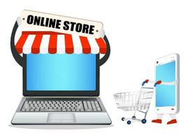 loja online de laptop com smartphone e carrinho de compras vetor
