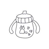 canudinho copo com alças decorado com uma gato dentro rabisco estilo. bebendo copo para crianças. isolado contorno. mão desenhado vetor ilustração dentro Preto tinta em branco. bebê Cuidado e alimentando tema.