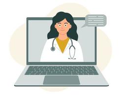 consulta online com médico, apoio médico à distância, remotamente. uma médica com um estetoscópio na tela de um laptop. vetor