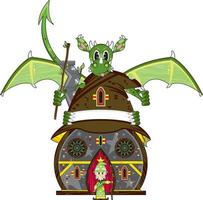 fofa desenho animado mágico Mago e feroz verde Dragão ilustração vetor