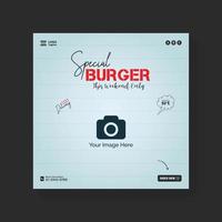 social meios de comunicação promoção postar e restaurante quadrado bandeira com especial hamburguer conceito vetor