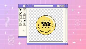 uma computador janela do retro gráfico redator com sorridente face em uma gradiente fundo, vetor ano 2000 ilustração.