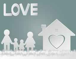 corte de papel vector.happy família em casa mãe e pai em pé apertar a mão com menino e menina. a casa com o coração com amor.