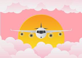 avião com nuvens e sol no fundo rosa. Ilustração do art.vector do papel vetor